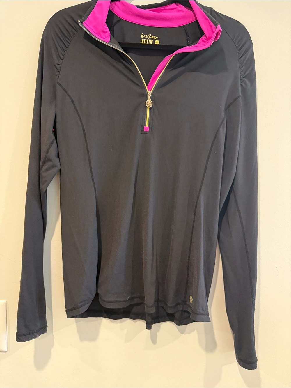 Lilly Pulitzer Black Quarter-Zip Pullover with Pink inner Collar XL EUC Luxletic